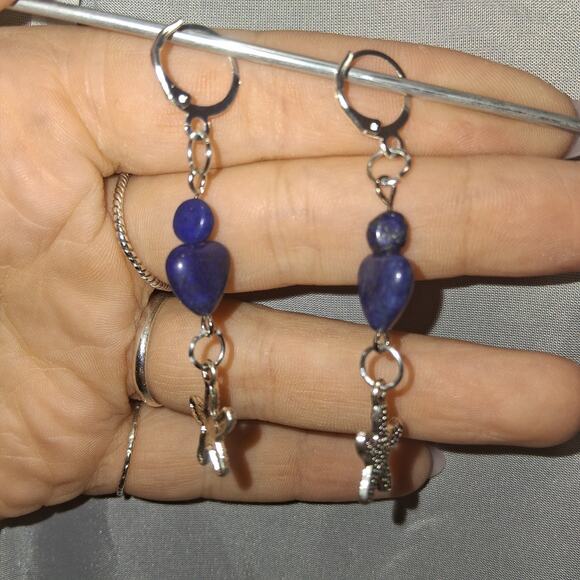 Adorable Lapis Lazuli Heart Starfish Silver Circle Hook Dangle Earrings Jewelry - Picture 2 of 3